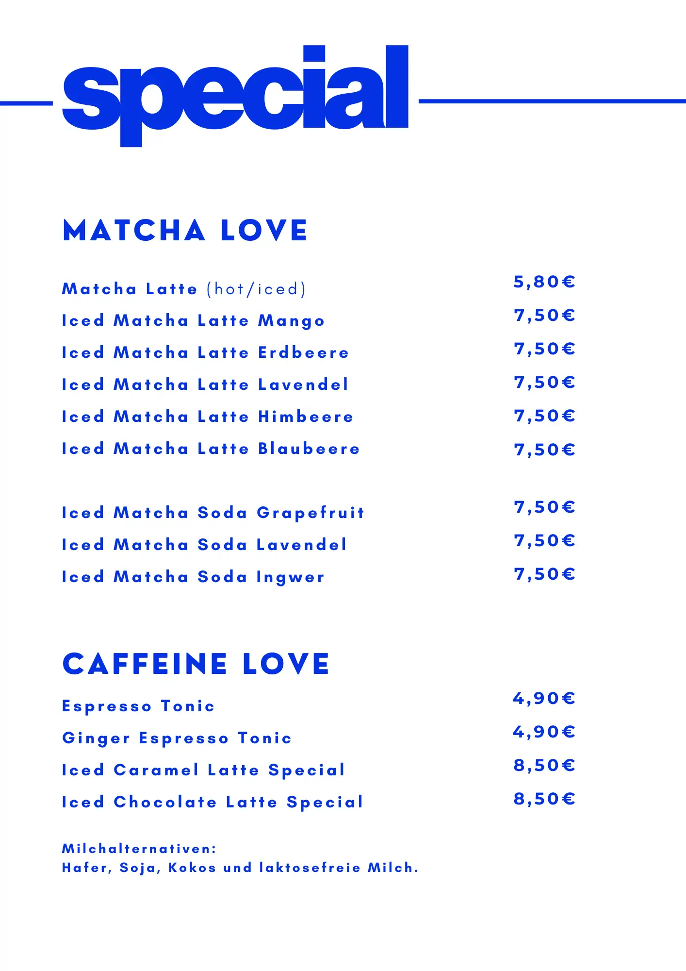 Getränke- und Speisekarte – Seite 1